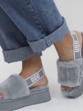 UGG Gray Plush Platform Slide Sandals with Logo Strap